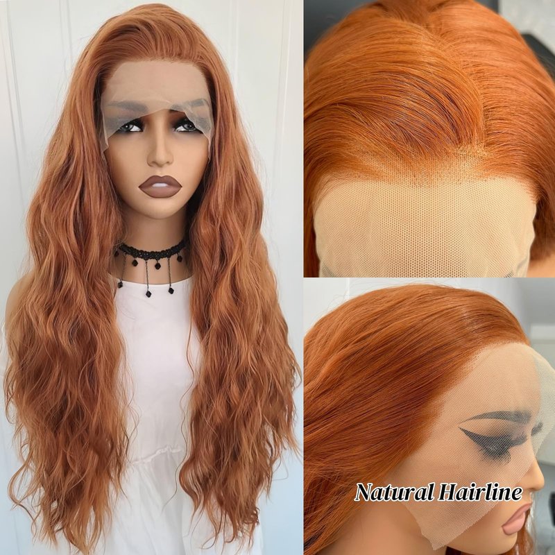 RONGUDOYI Ginger Curly Wig Long Wavy Synthetic Lace Front Wig Glueless Orange Curly Natural Hair Water Wave Lace Front Wigs Burnt Orange Wigs for Women