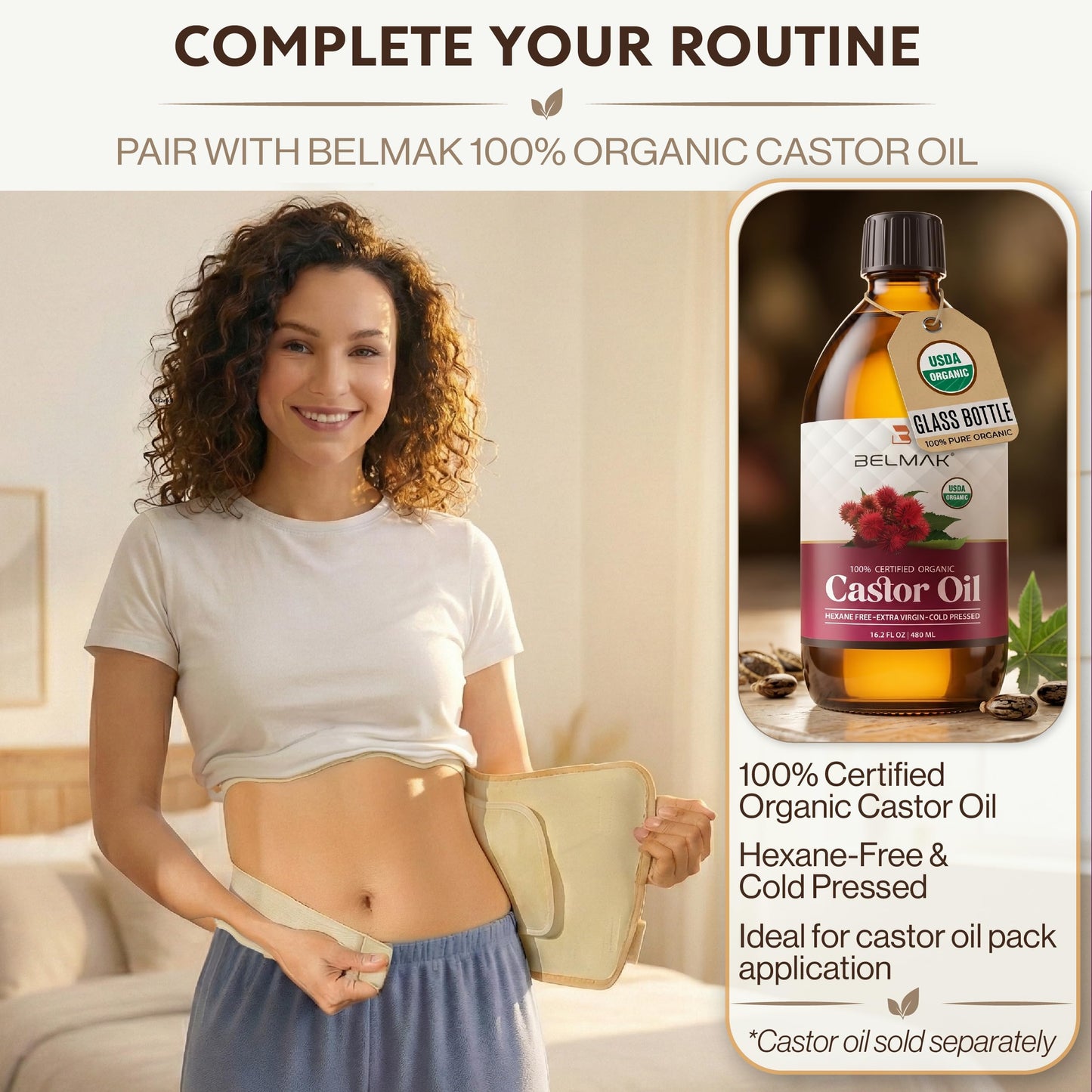 BELMAK Castor Oil Pack Wrap for Stomach, 100% Organic Cotton Inner Layer, Leak-Proof Design, Castor Oil Compress Wrap Reusable Castor Oil Pack Wrap for Women