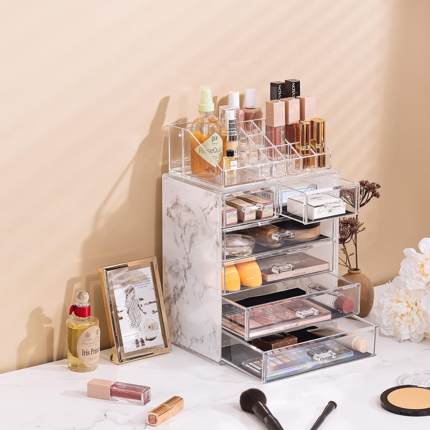 Acrylic Makeup Organizer Set - 6-Drawer Vanity & Countertop Storage | Marble Print for Brushes & Jewelry