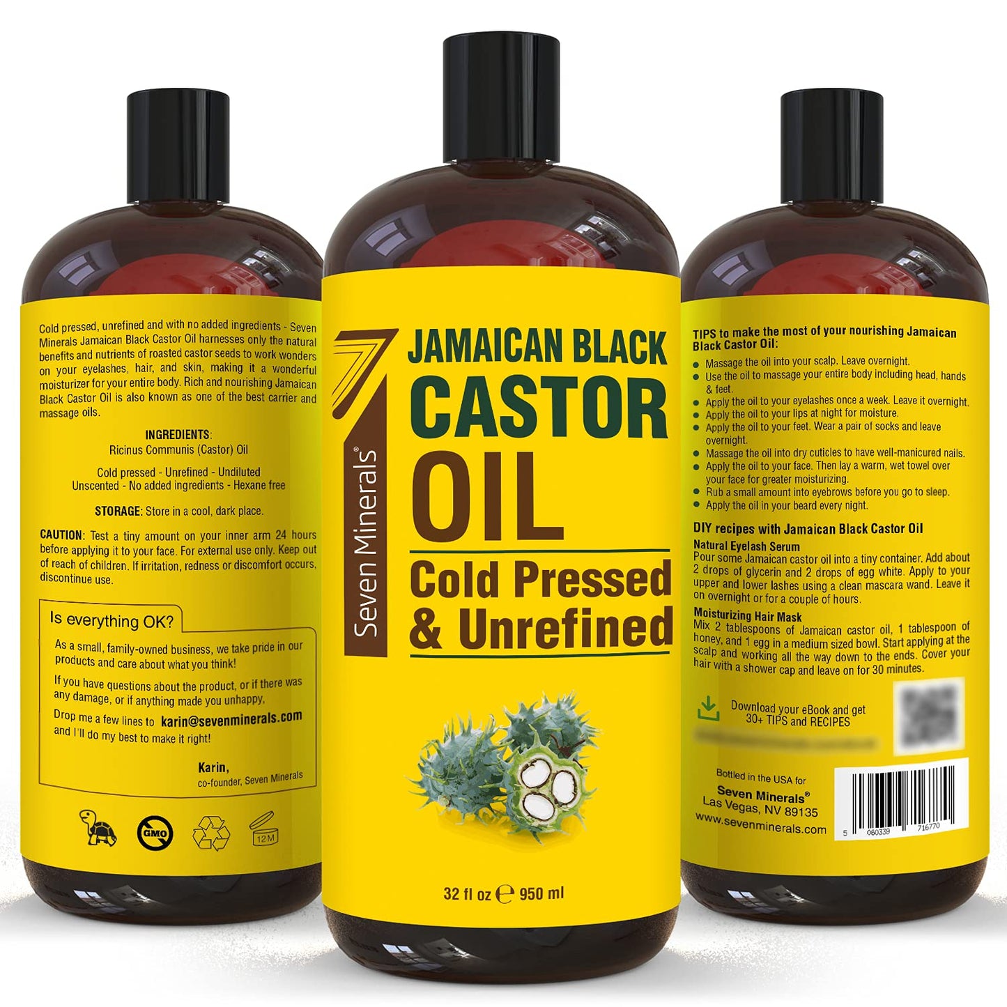 Seven Minerals, Pure Jamaican Black Castor Oil - Big 32 fl oz Bottle - Unrefined & Hexane Free - for Hair Growth, Thicker Eyelashes & Eyebrows, Dry Skin, Healing, Hair Care