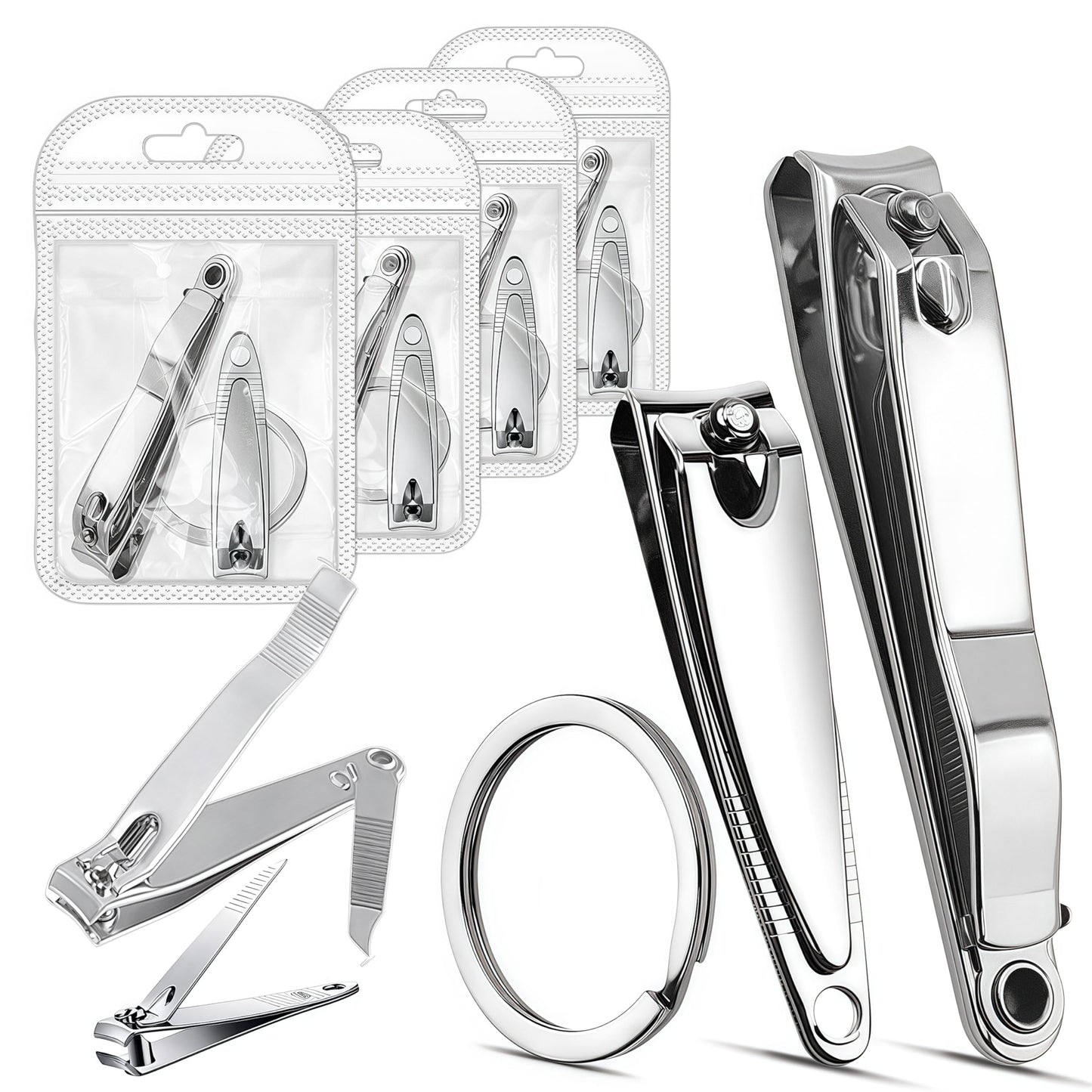 Keeshibao Nail Clippers Bulk Pack, Toenail Fingernail Nail Clippers with Keychain Ring for Men Women Adult 8-Piece Stainless Steel Toe Nail Clippers for Travel, Gifts, Homeless Care(Large & Small)