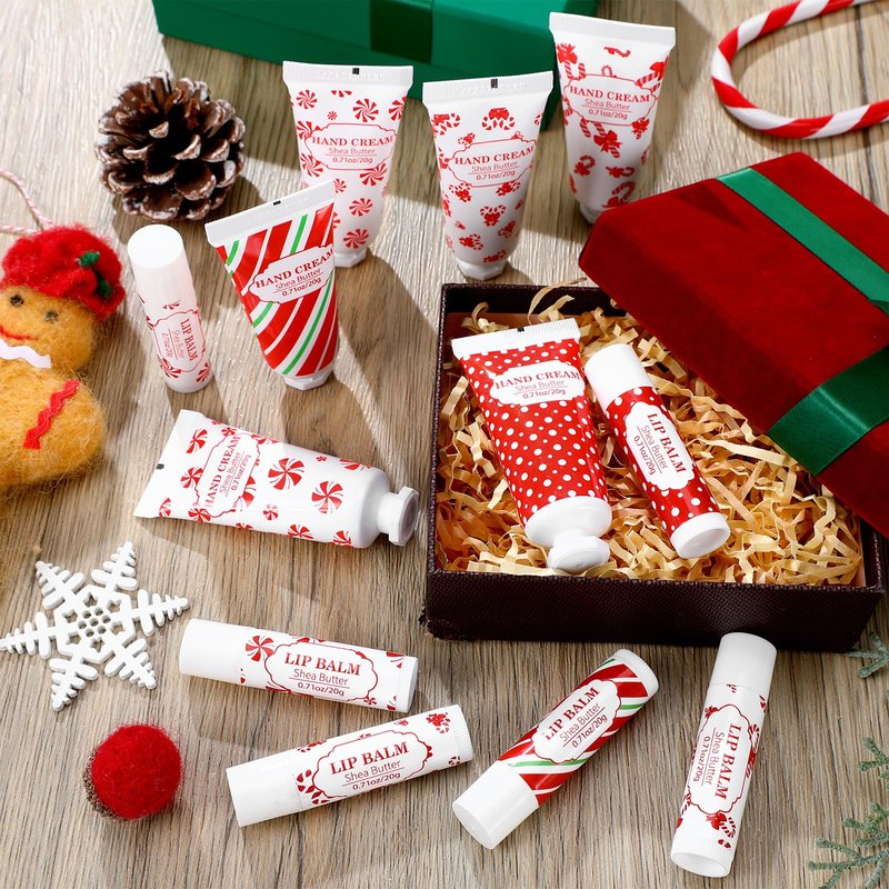 Leelosp 24 Pcs 12 Sets Christmas Hand Cream and Lip Balm Gift Set Bulk Mini Travel Size Lotion and Lip Balm with Peppermint Candy Theme Xmas Stocking Stuffers Thank You Gift for Women Staff Coworker