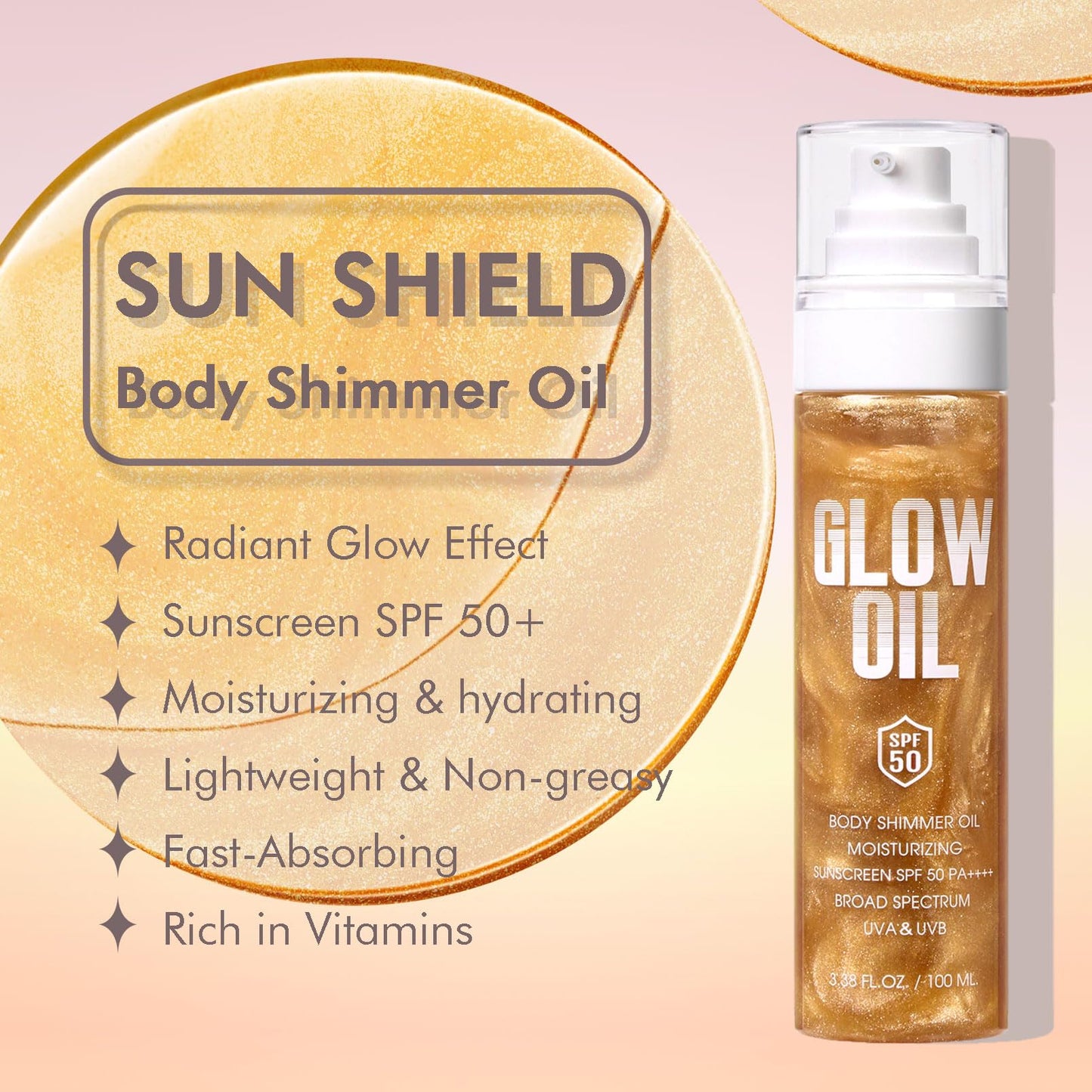 Body Glow Oil, Broad Spectrum SPF 50, Glitter Shimmer Sunscreen Body Oil Lotion with Sequin Mica, Lightweight Non-Sticky Moisturizer with Coconut, Skin Illuminator Glowing Results (01# Golden Amber)