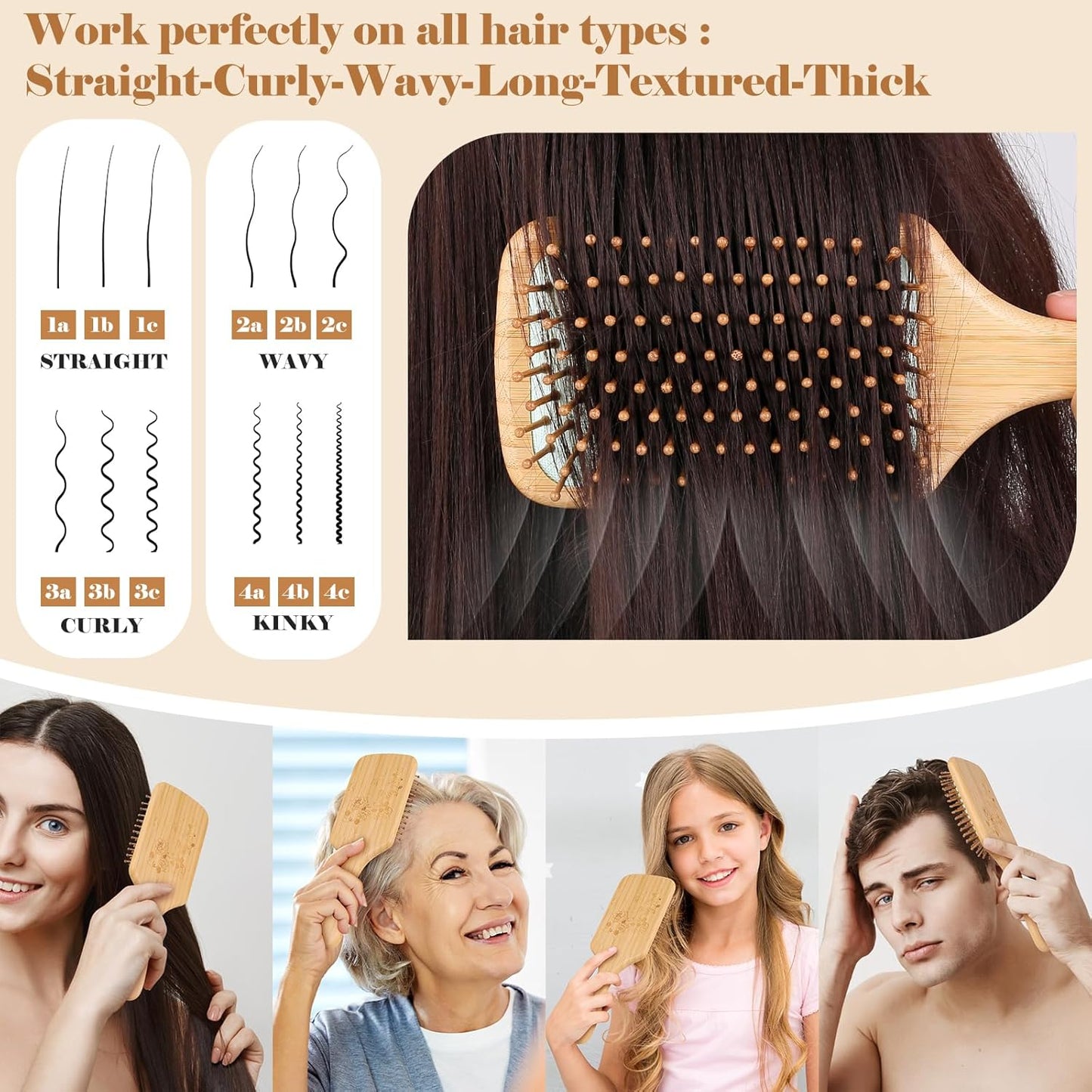 Hair Brush-Natural Wooden Bamboo Brush and Detangle Tail Comb, Paddle Hairbrush for Women Men and Kids Make Thin Long Curly Hair Health and Massage Scalp