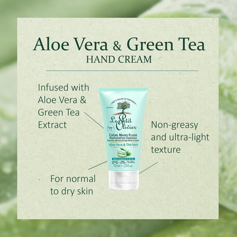 Le Petit Olivier Express Moisturizing Hand Cream - Aloe Vera And Green Tea - Express Moisturizing - No Greasy Or Sticky Feeling - Skin Is Soft And Silky - For Normal To Dry Skin - 2.5 Oz
