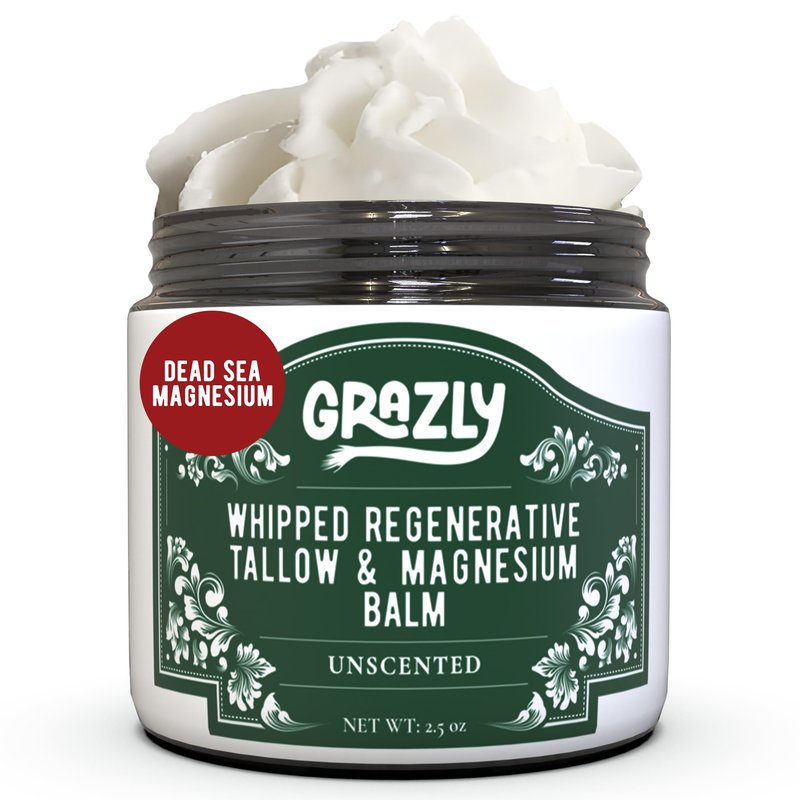 Grazly Whipped Beef Tallow for Skin w/Dead Sea Magnesium, Manuka Honey & Jojoba Oil - Grass Fed Beef Tallow Balm - Body & Face Moisturizer for Dry, Sensitive Skin - Unscented - 2.5oz