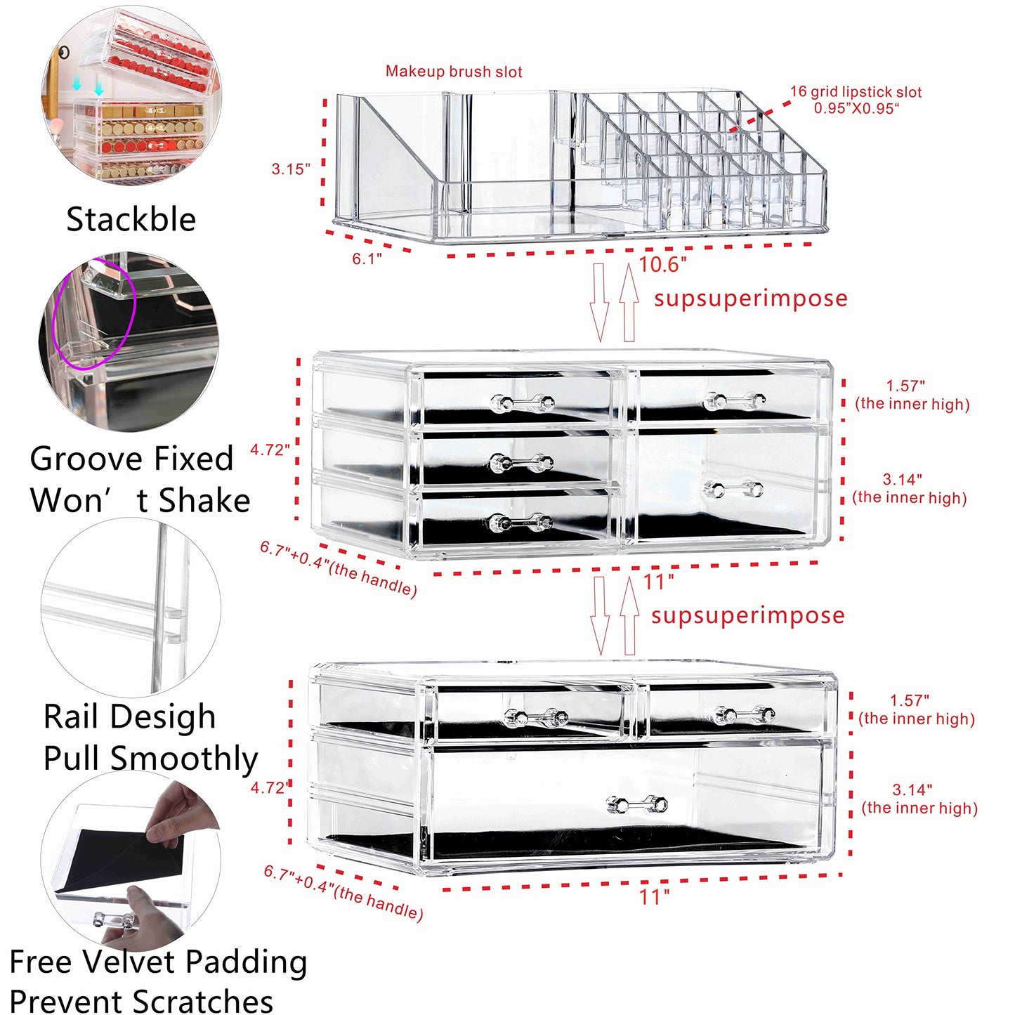 Cq acrylic 3 Pack Clear Makeup Organizer Countertop,Stackable 7 Drawers Skincare Organizer,Cute Skin Care Organizer for Vanity Hair Clip,Jewelry,Beauty Product Desk and Make Up Organizers for Vanity