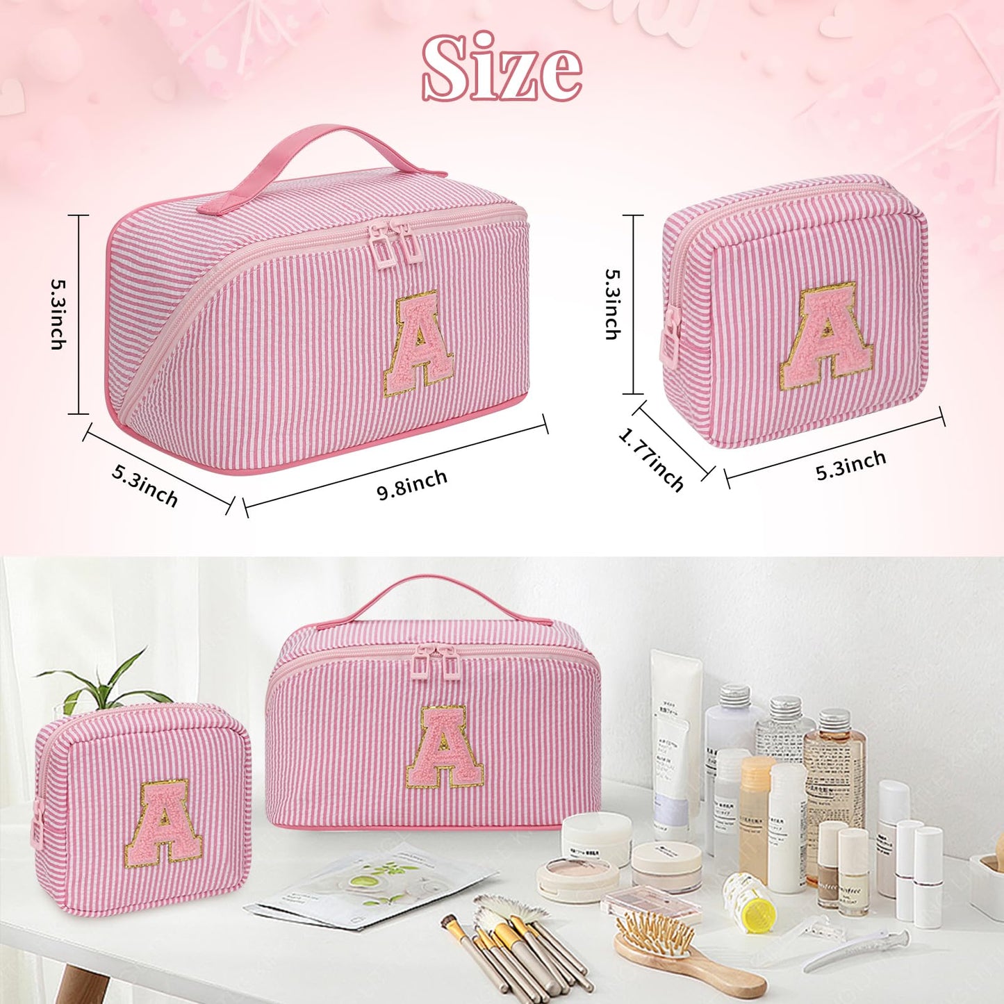 2026 Graduation Gifts - Travel Makeup Bag for Women, 2Pcs Portable Personalized Initial Makeup Organizer Bag, Open Flat Large Cosmetic Bag With Travel Essential Pouch (Pink Letter R)