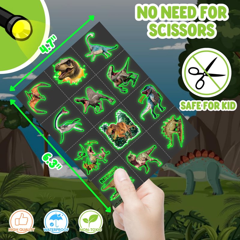 72 PCS Dinosaur Party Favors – 48 PCS Tattoos & 24 PCS LED Finger Lights Combo–Birthday Goodie Bag Fillers, Party Supplies, Gifts Light Up Toys Glow In The Dark for Boys and Girls (Dinosaur 3D)