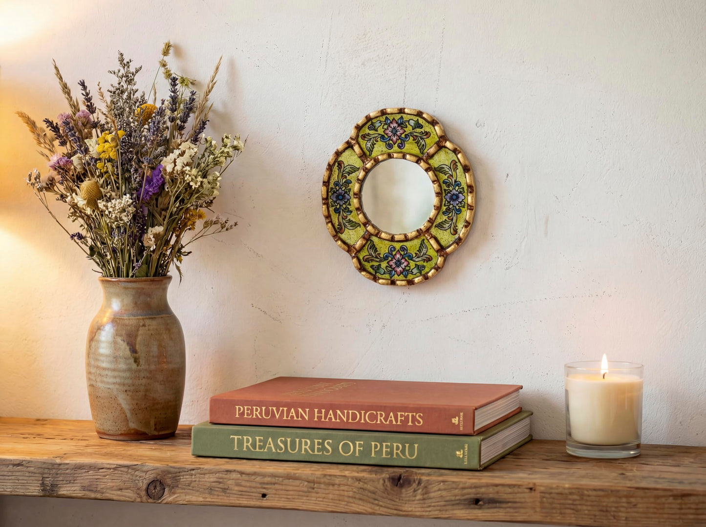 DecorContreras Small Oval Wall Mirror for Home Decor - Handmade Reverse Painted Glass Mirror with Frame Bronze Leaf from Peru