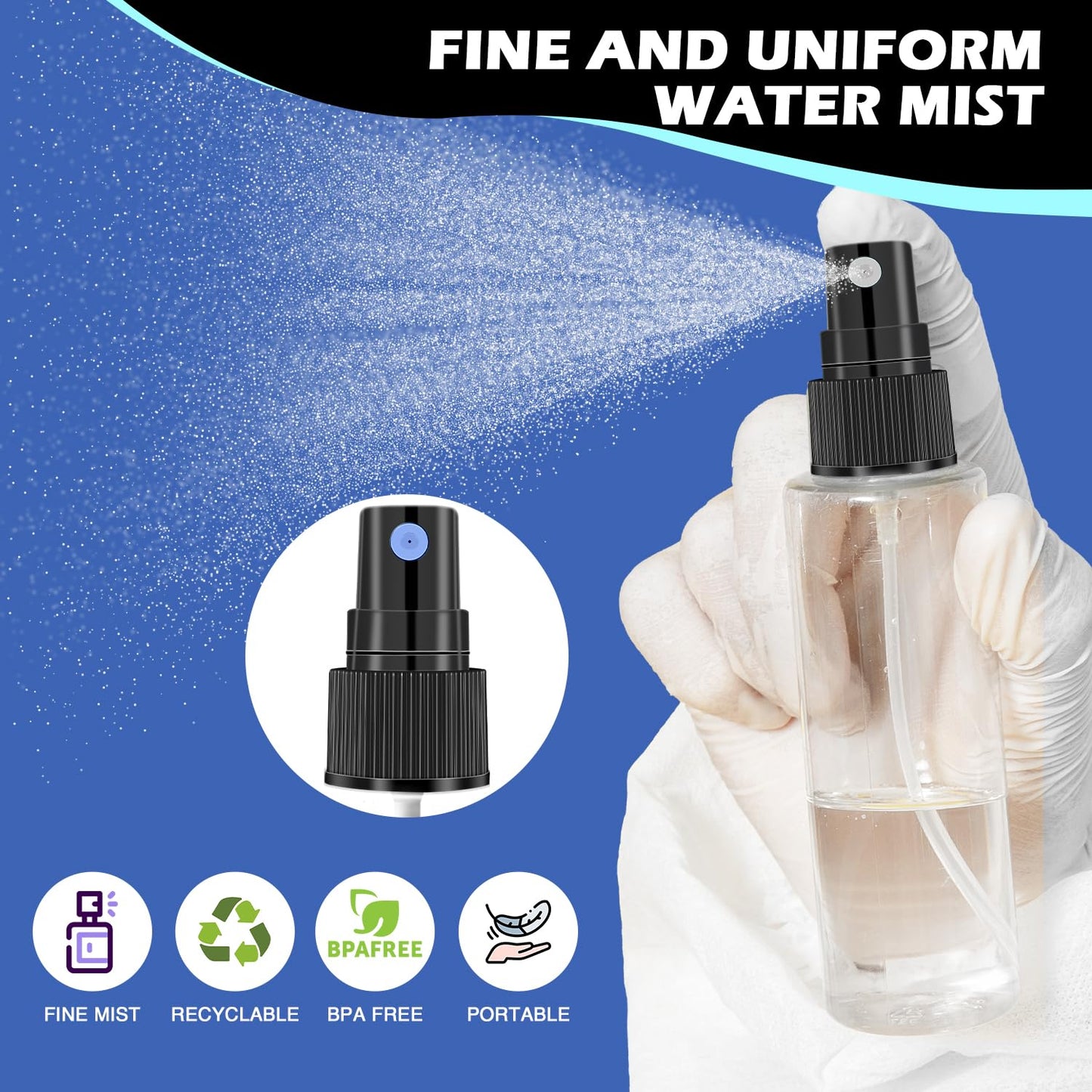 DupakSYS 100 Pack 2oz/55ml Plastic Small Spray Bottles Mini Travel Spray Bottle with Black Cap Empty Fine Mist Spray Bottles Refillable Liquid Container for Perfumes Travel Makeup