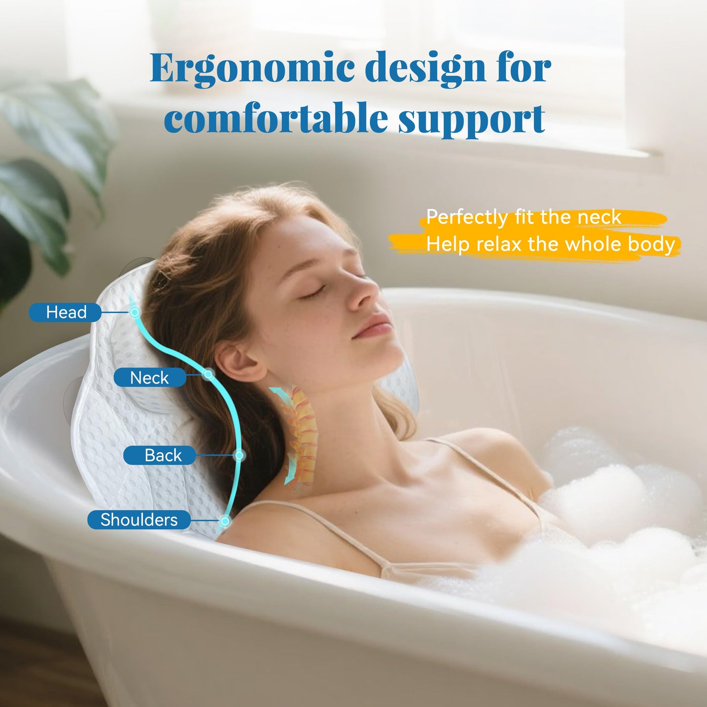 FerdY Bath Pillow for Bathtub,Thick Tub Pillows, Ergonomic Head Neck and Back Support, 6 Strong Suction Cups, Breathable 4D Air Mesh,White