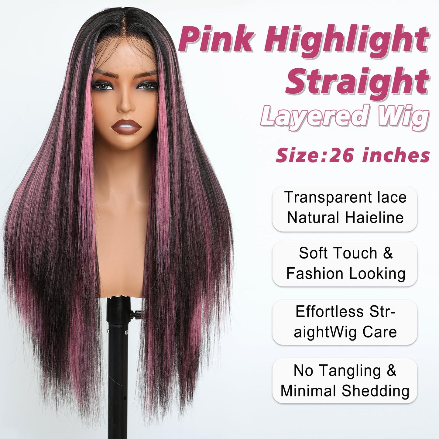 FABÉLLE Black and Pink Highlight Wig Lace Front Wigs Pre Plucked with Baby Hair Glueless Wig 26 Inch Long Straight for Women Pink Color Forehead Synthetic 13×4×1 Lace Front Wig