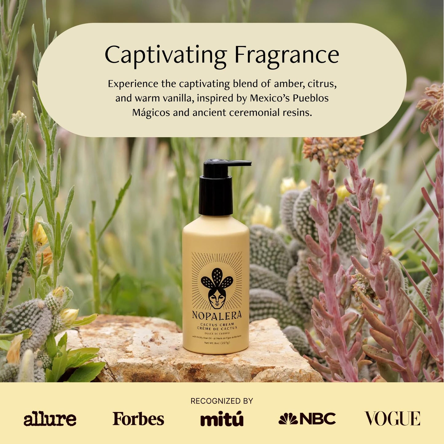 Nopalera Dulce de Cuerpo Cactus Cream - Moisturizing Body Lotion with Prickly Pear Oil, Amber, Citrus, and Warm Vanilla Fragrance, Vegan, 8 oz.