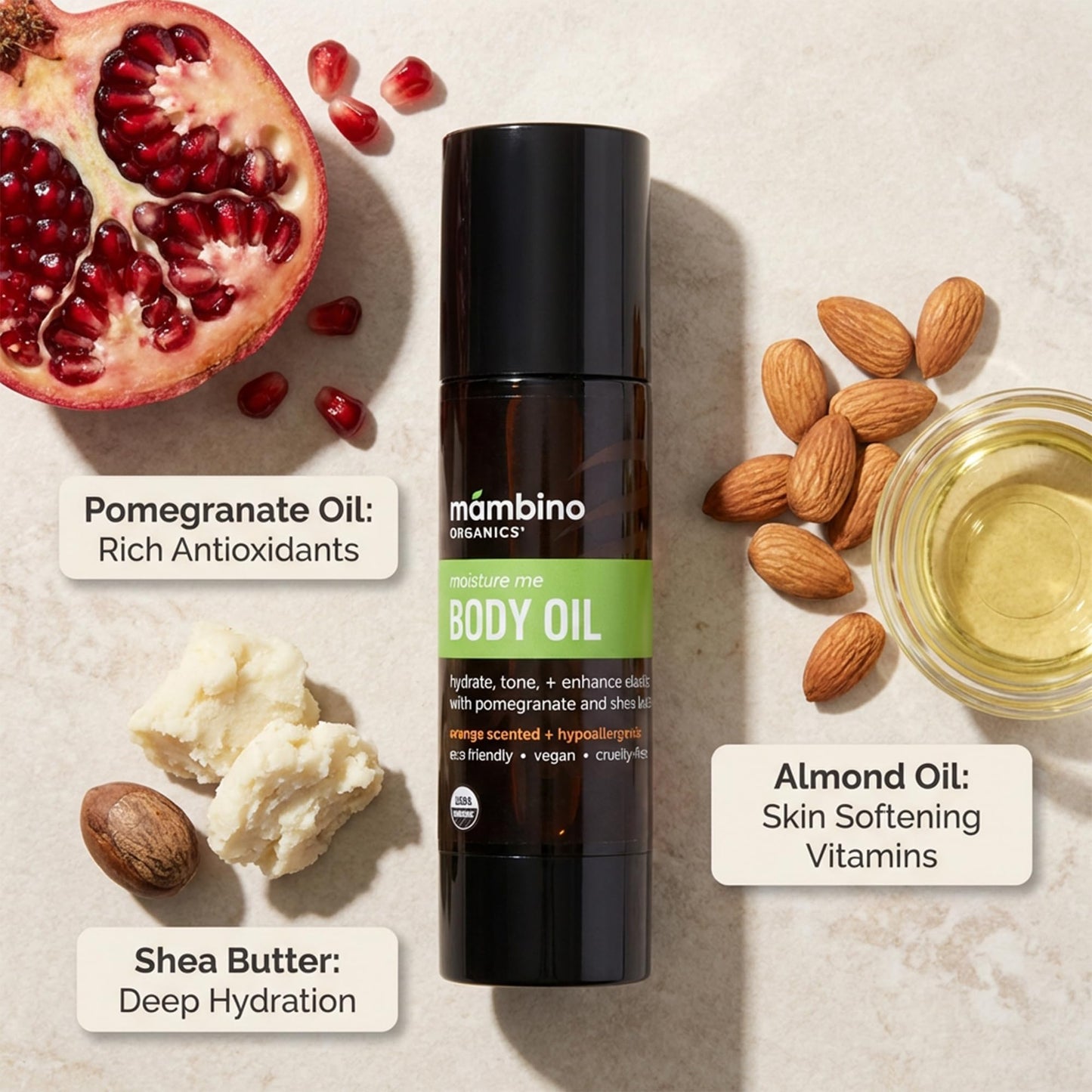Mambino Organics Moisture Me Body Oil, Skincare Essential, Shea Butter Infused, Fast-Absorbing, Non-Greasy, Soothing Aroma, 4 fl oz, 2-Pack