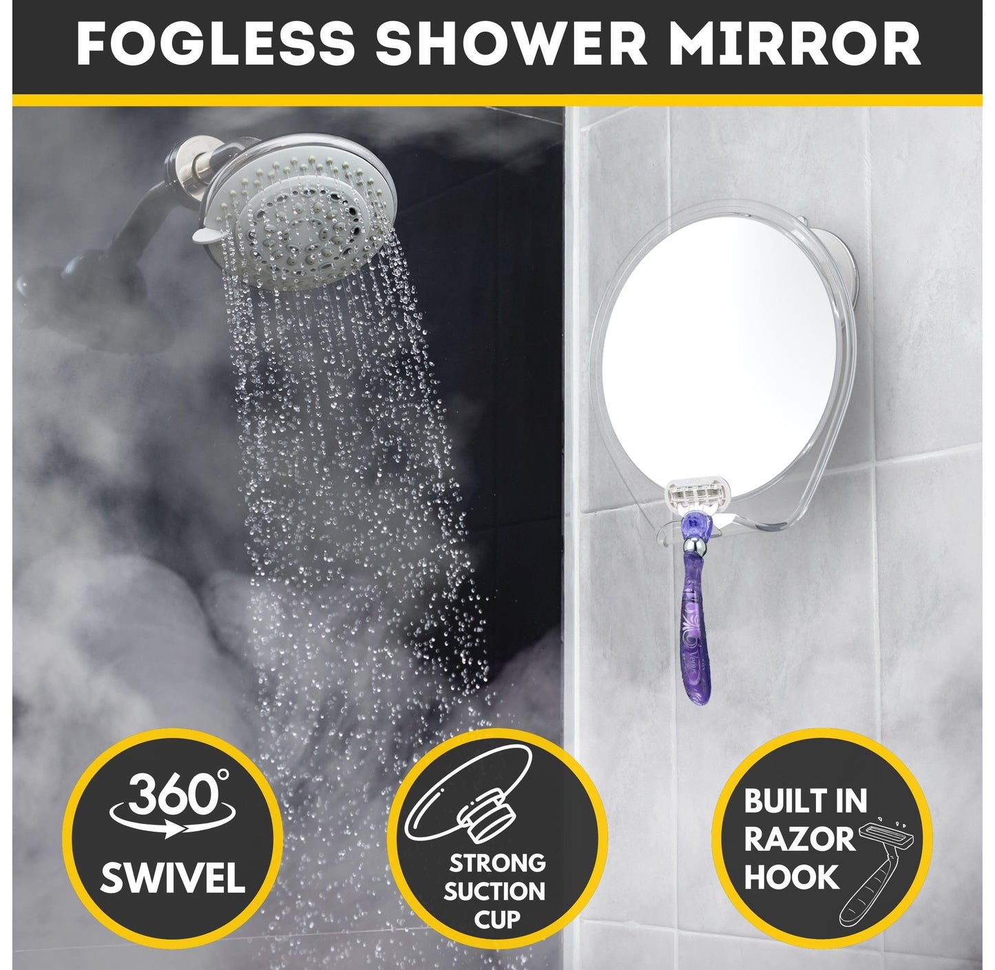 HONEYBULL Fogless Shower Mirror with Suction Mount & Swivel – Anti-Fog Acrylic Bathroom Mirror for Shaving – Built-in Razor Holder, Easy Install, Home Shower Accessory (Extra-Large)