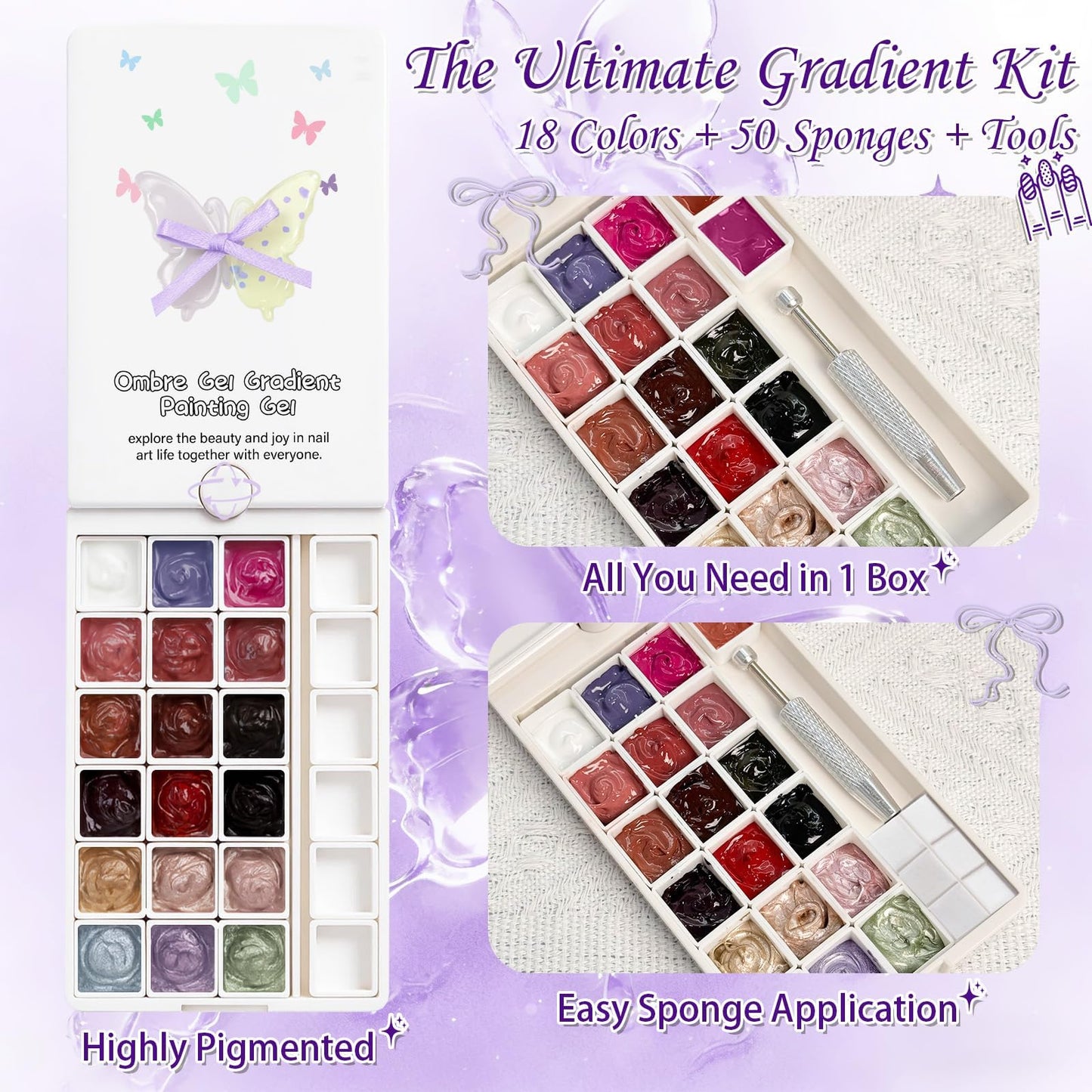 GJYUQHUA 18 Colors Patting Gel Polish & Tools Kit - Pat Pat Gel Polish Palette for Ombre Nails，UV/LED Cured Gradient Blooming Manicure Kit DIY with Nail Sponges & Tools