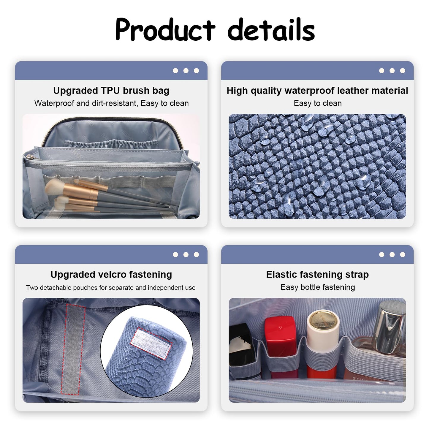BOYATU Travel Makeup Bags for Women: 3 Pcs Set Wide Open Cosmetic Bag - Portable Make up Bags with Handle - Vegan Leather Toiletry Organizer Bag with Divider (G-05-Blue)
