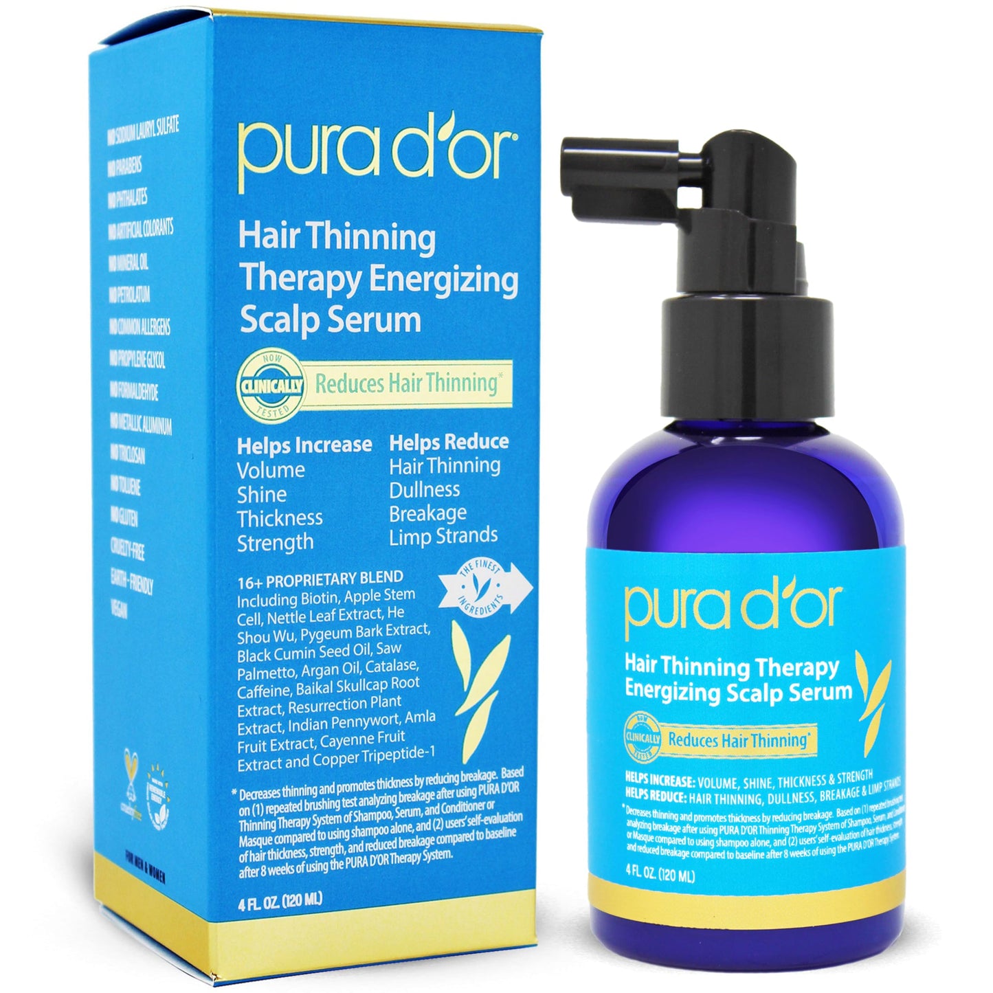 PURA D'OR Hair Thinning Therapy Energizing Scalp Serum 4oz w/Copper Tripeptide, Biotin, Caffeine, Plant Stem Cell, Catalase & DHT Balance, Rosemary Green Tea Leaf Extract, All Hair Types, Men Women