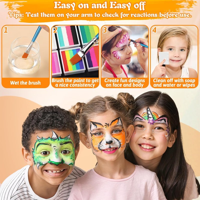Face Painting Kit - 12x10g Water-Based Split Cake Palette with Stencils & Glitter Crayon | Ideal for Kids & Adults, Perfect for Parties & Events