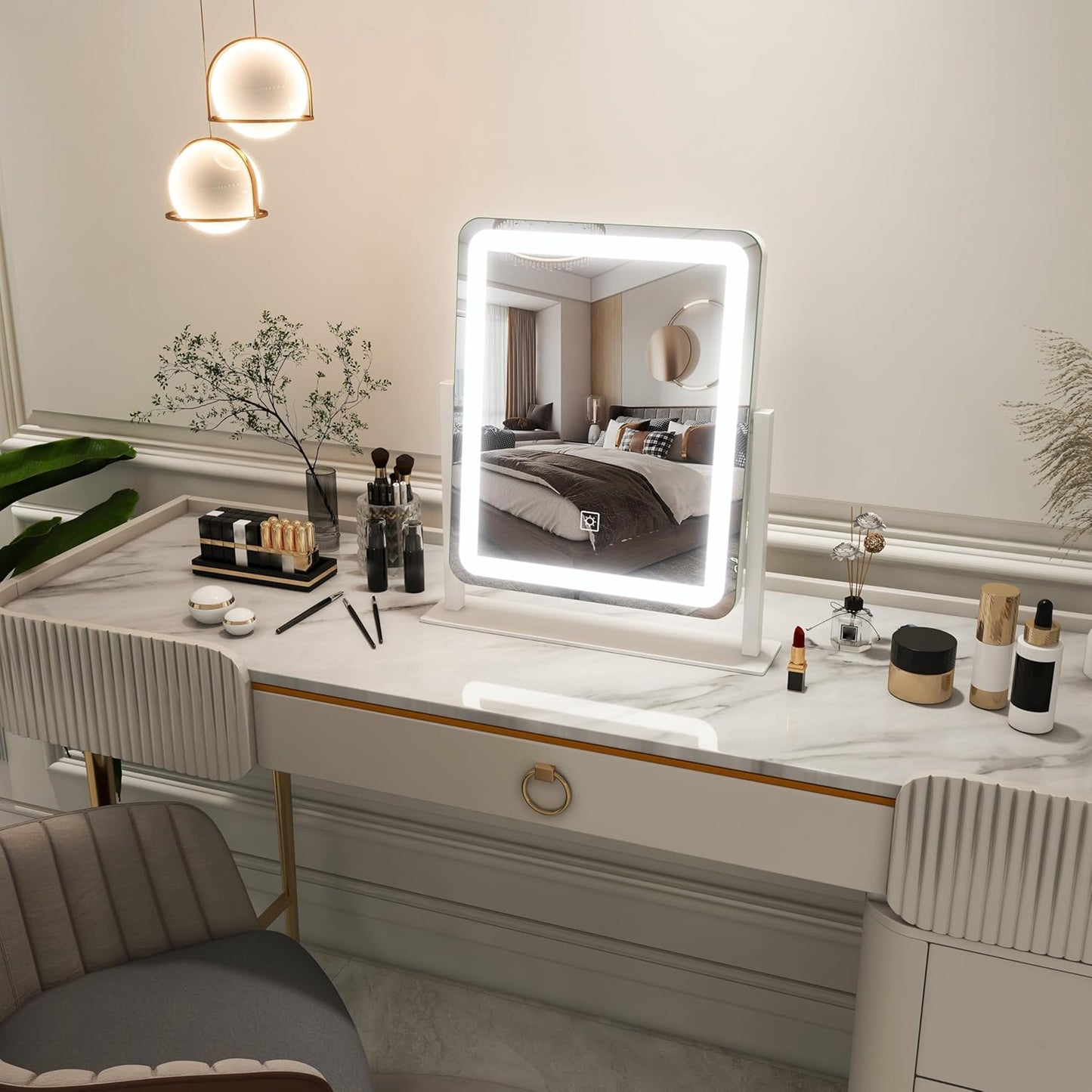 FENNIO LED Lighted Makeup Mirror - 15"x12.6" Touch Screen Vanity Mirror with Dimmable 3-Color Lighting | Perfect for Bedroom & Desk
