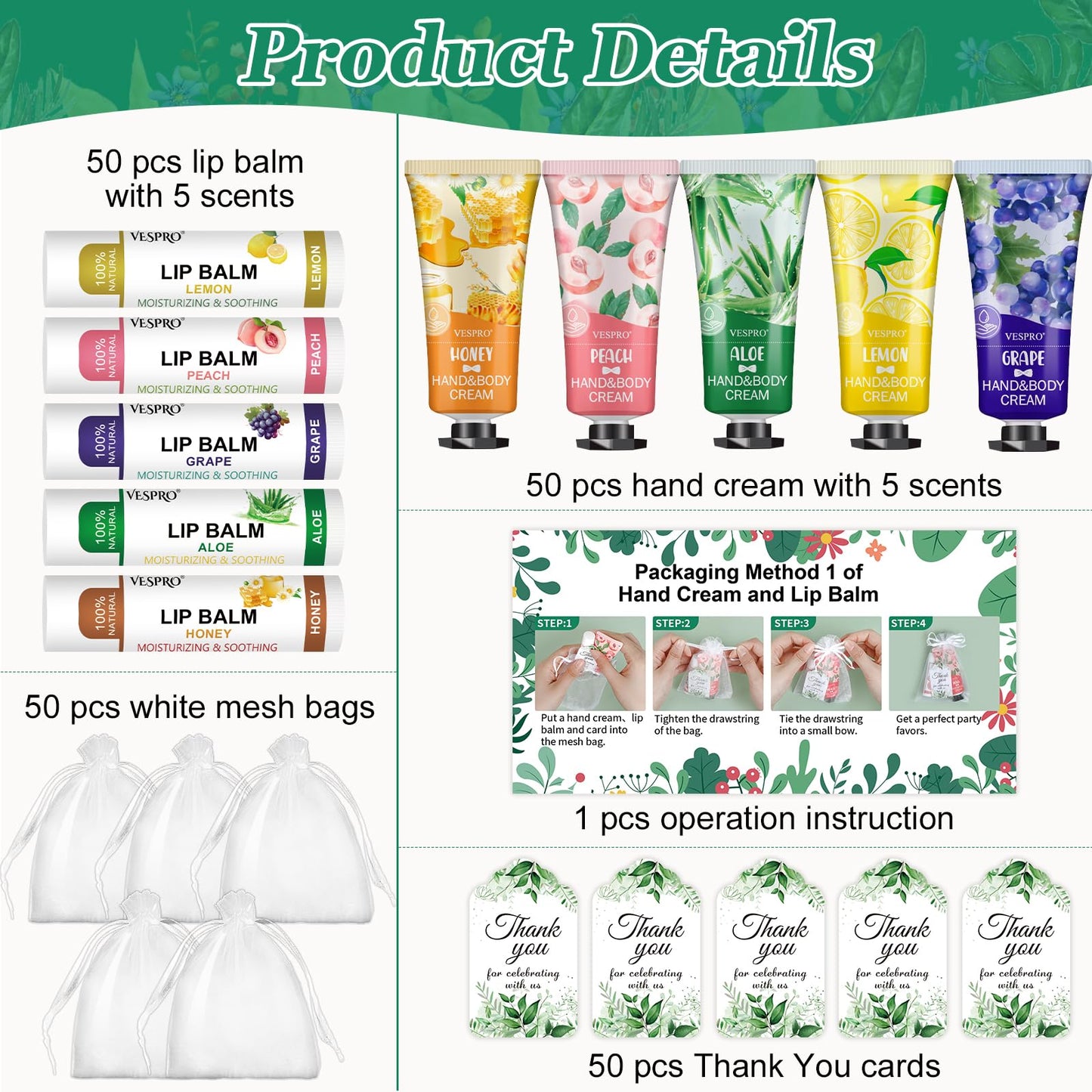 VESPRO 50 Sets Hand Cream Bulk and Lip Balm Bulk Gifts, Mothers Day Gifts and Wedding Shower Favors for Guests with Thank You Card and Organza Gift Bags, Teacher Gift and Nurse Gift