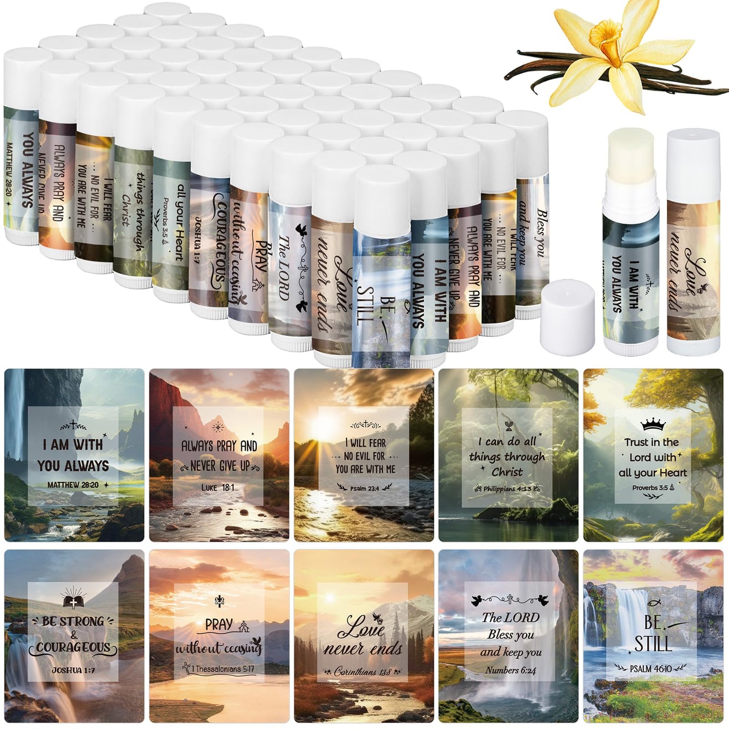 Dansib 50 Pack Christian Lip Balm Bulk for Women Men Religious Lip Balms Bulk Bible Verse with Scripture Church Party Favors Christian Inspirational Gifts for Staff Employee Coworkers