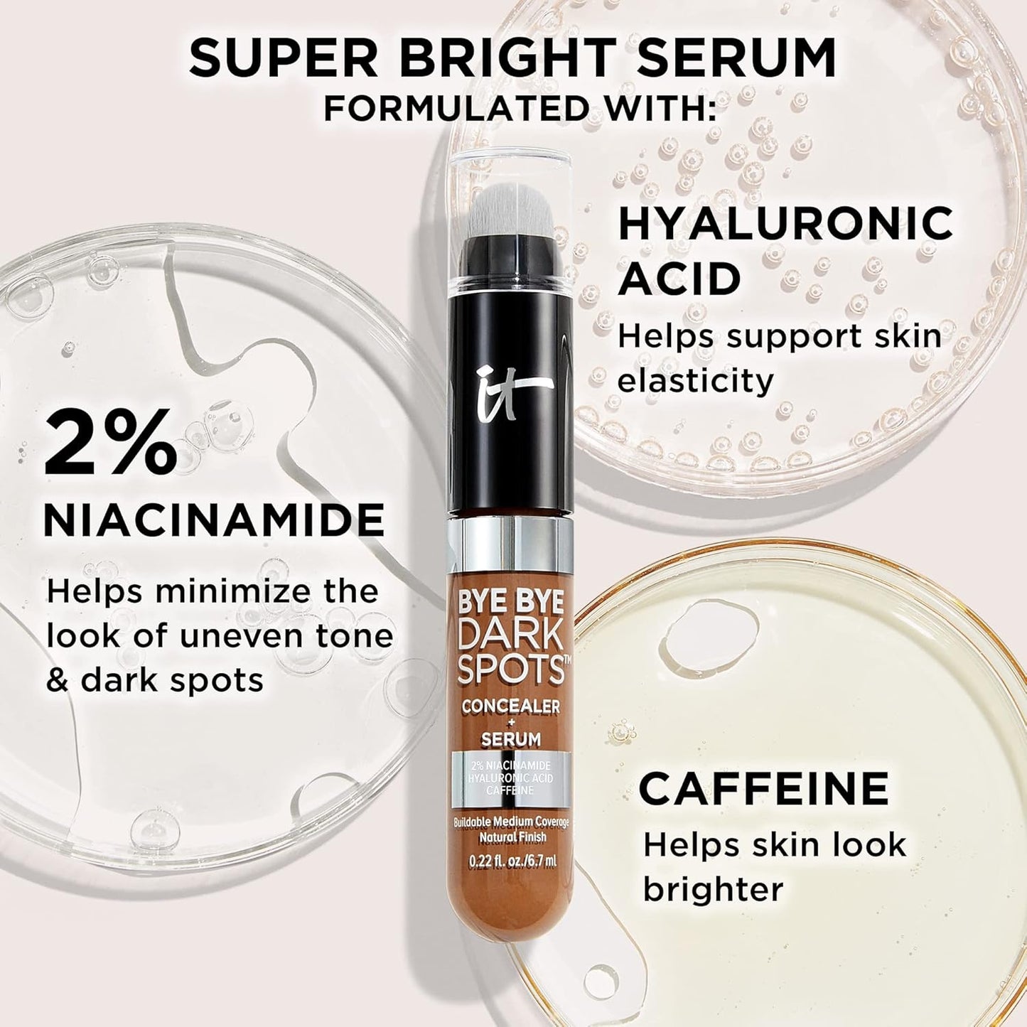 IT Cosmetics Bye Bye Dark Spots Concealer | Brightening Serum with 2% Niacinamide & Hyaluronic Acid - Medium Coverage, Natural Finish - 0.22 fl oz