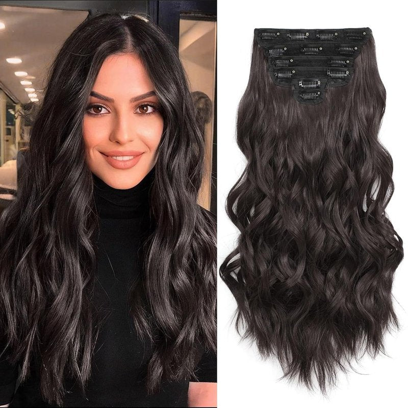 Clip-In Hair Extensions - 6 PCS Natural Soft Dark Brown Wavy Hairpieces | 20 Inch Length