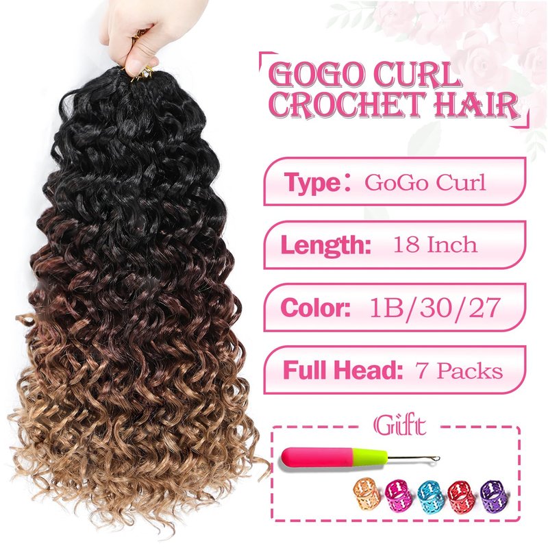 Naniciar Gogo Curl Crochet Hair 18 Inch 7 Packs Curly Crochet Hair for Black Women, Deep Wave Crochet Hair Beach Curl Synthetic Braiding Hair Extensions(18Inch 1B/30/27)