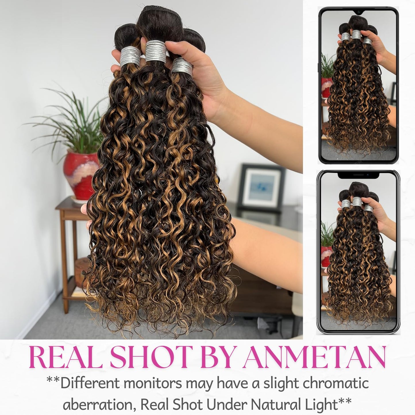 Anmetan Black and Brown Honey Blonde Highlight F1B30 Water Wave Human Hair Ombre Single Bundles, 12A Wet and Wavy Bundles Color Curly 100% Unprocessed Brazilian Virgin Remy Human Hair Soft Thick 12 In