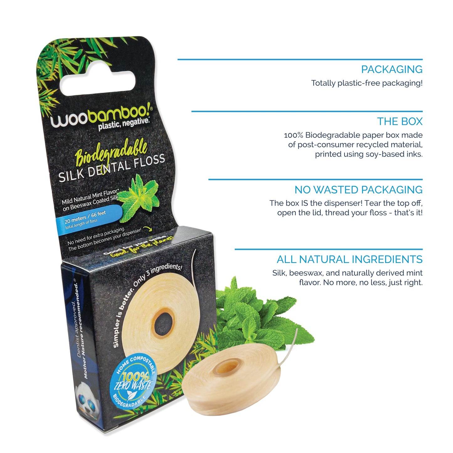 WooBamboo! All Natural Silk Dental Floss, Zero Waste, 66 feet of Mint-Flavored Floss (Pack of 4)