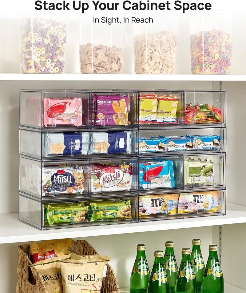 Stackable Storage Drawers - Clear Plastic Organizer Bins for Bathroom, Pantry & Laundry Room | Set of 4