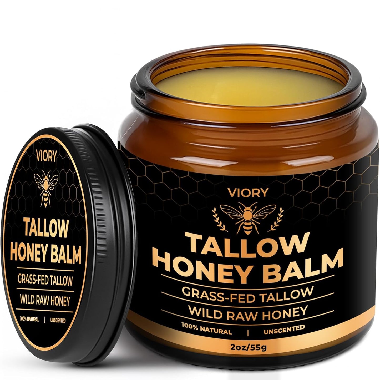 Tallow and Honey Balm for Face - 100% Organic Grass-Fed Beef Tallow & Raw Wild Honey | Moisturizer for Dry & Sensitive Skin (Unscented)