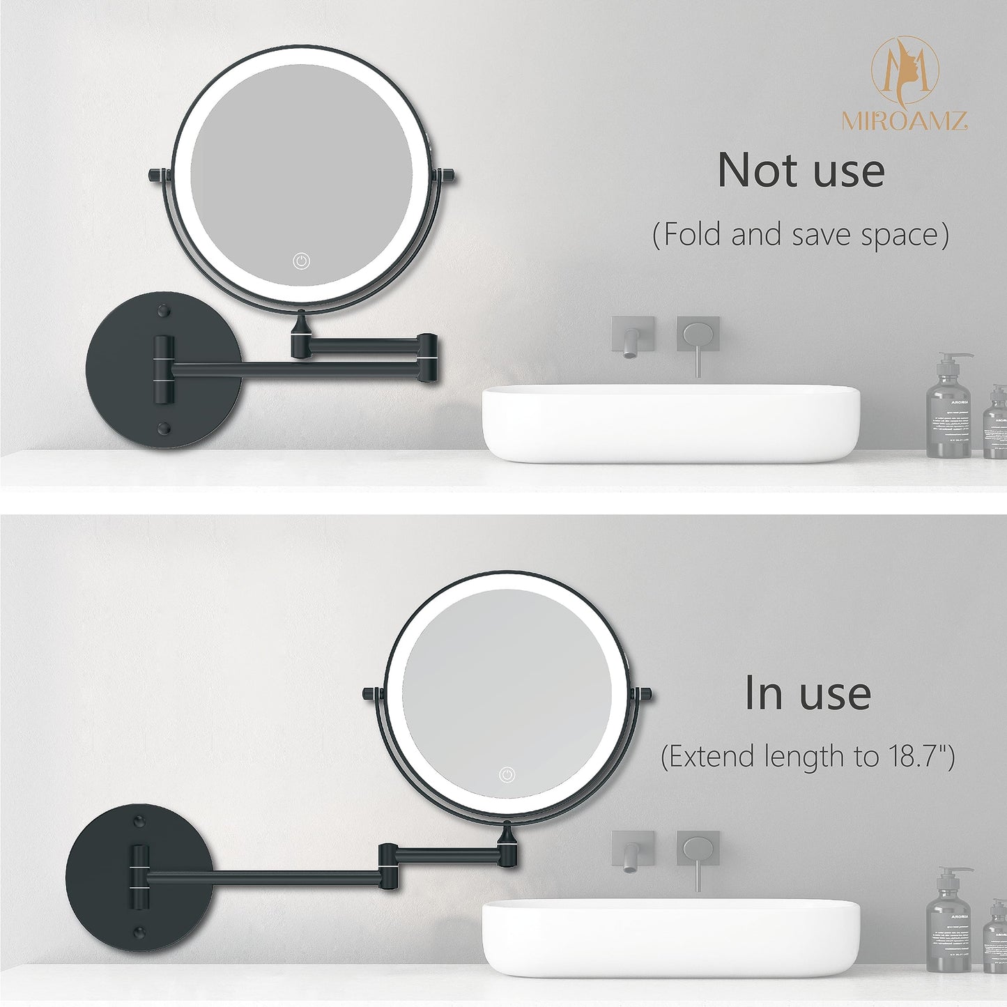 MIROAMZ Rechargeable Wall Mounted Lighted Makeup Vanity Mirror 8 Inch Double Sided 1X 10X Magnifying Bathroom Mirror, 3 Color Lighting, Touch Screen Dimming, 360 Rotation Shaving Matte Black