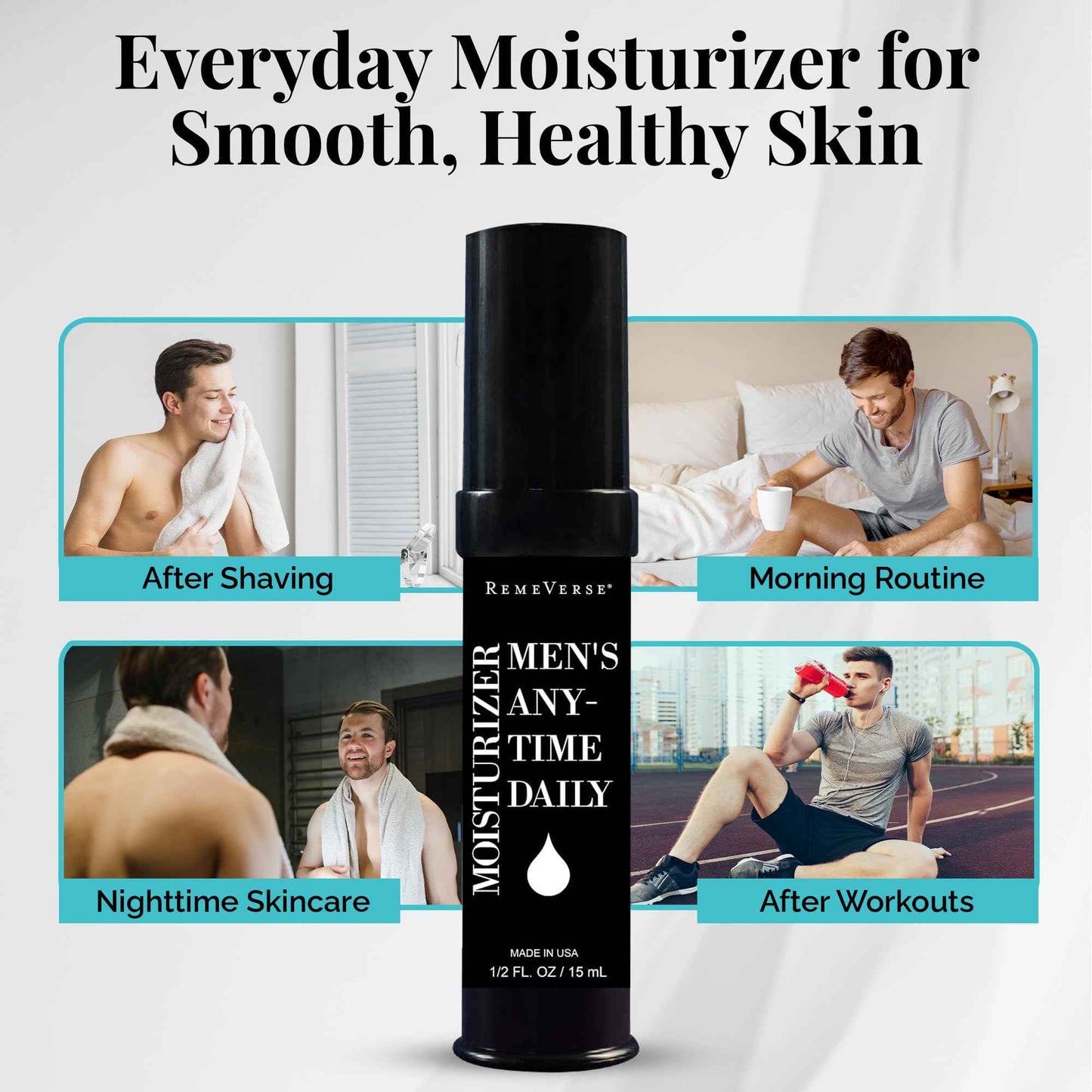 RemeVerse Men’s Anytime Daily Moisturizer with Hyaluronic Acid, Peptides, Vitamins C & E, Collagen, Green Tea - Smoothes & Hydrates Skin, Fragrance-Free, Water-Based, Youthful Care Formula - 15ml