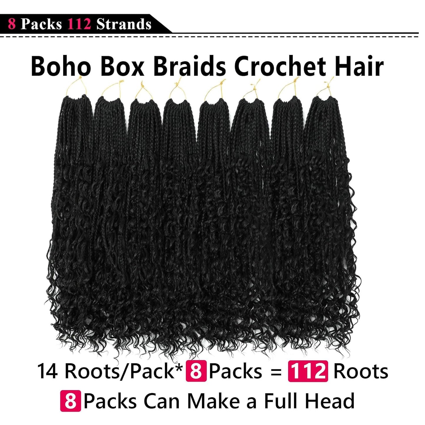 Goddess Box Braids Crochet Hair - 24 Inch Boho Braids With Curly Ends | 8 Packs Synthetic Extensions (1B)