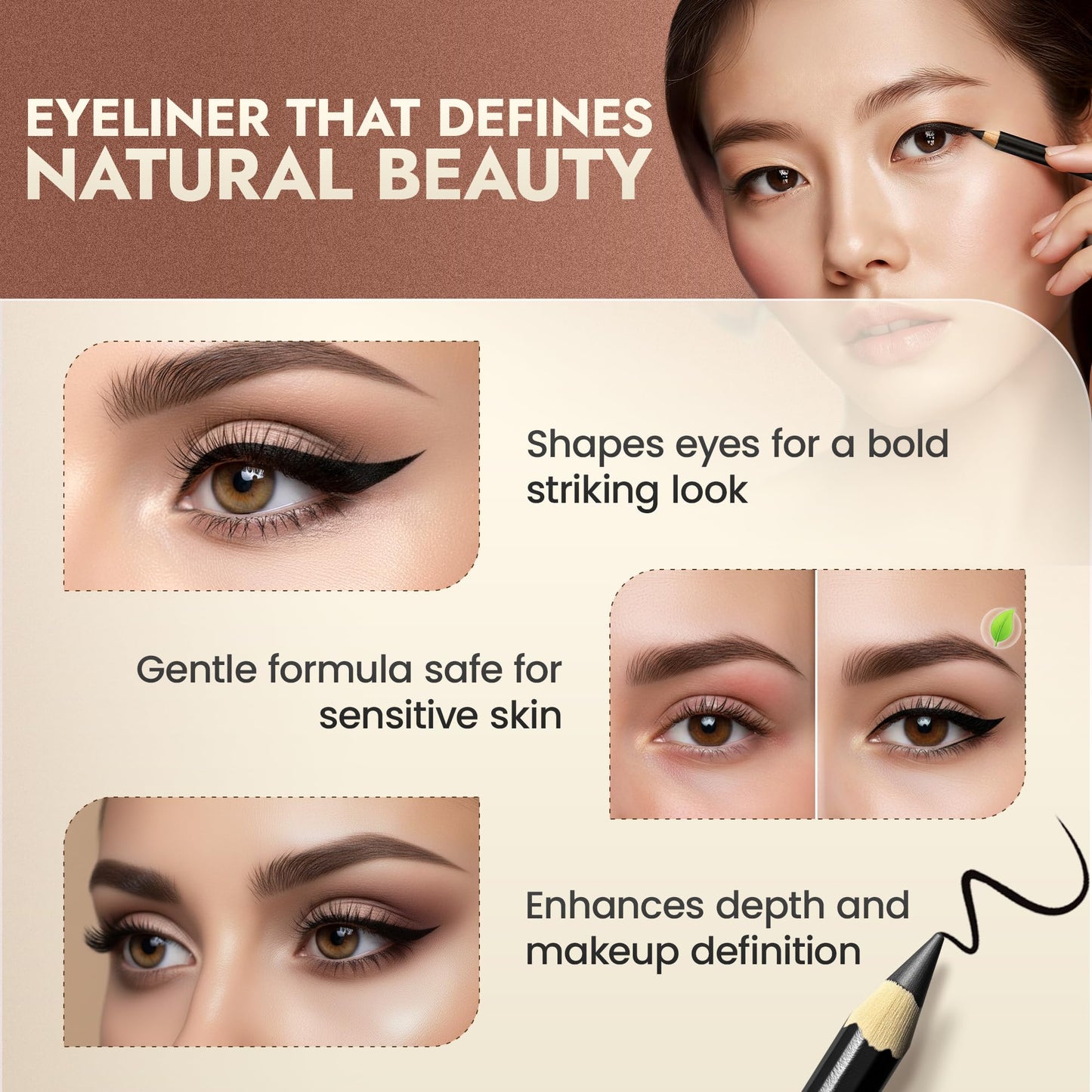 Natural Eyeliner Pencil, Black - Hypoallergenic, Water & Smudge Proof Eyeliner for sharp Lines and Defined Eyes - Long-Lasting, Organic & Cruelty-Free with Jojoba & Castor Oil for Sensitive Eyes