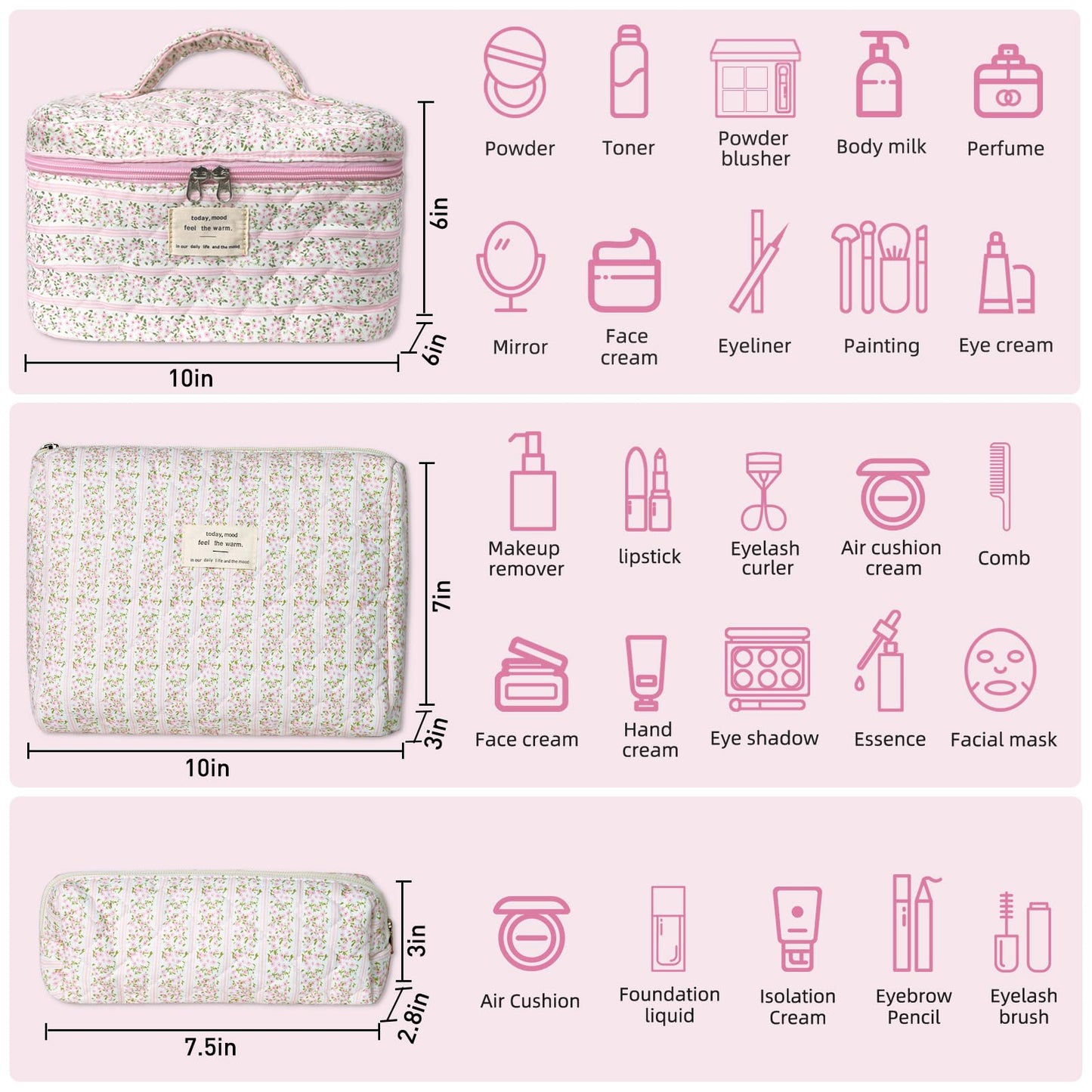 Gosect Makeup Bag Set, Portable Travel Make up Bag, Large Capacity Quilted Cosmetic Organizer Bag, Cute Floral Toiletry Bag for Women Girls (Pink Flower)