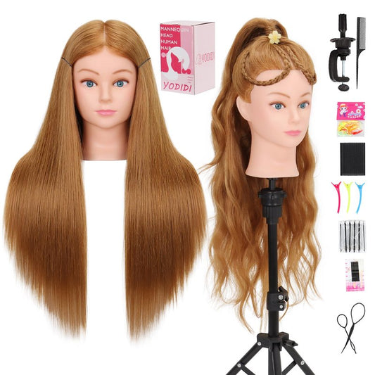 YODIDI Mannequin Head Human Hair 26""-28"" Female 80% Human Hair Mannequin Head Hair Styling Cosmetology Manikin Head Doll Head for Hairdresser with Free Clamp Holder and Tools