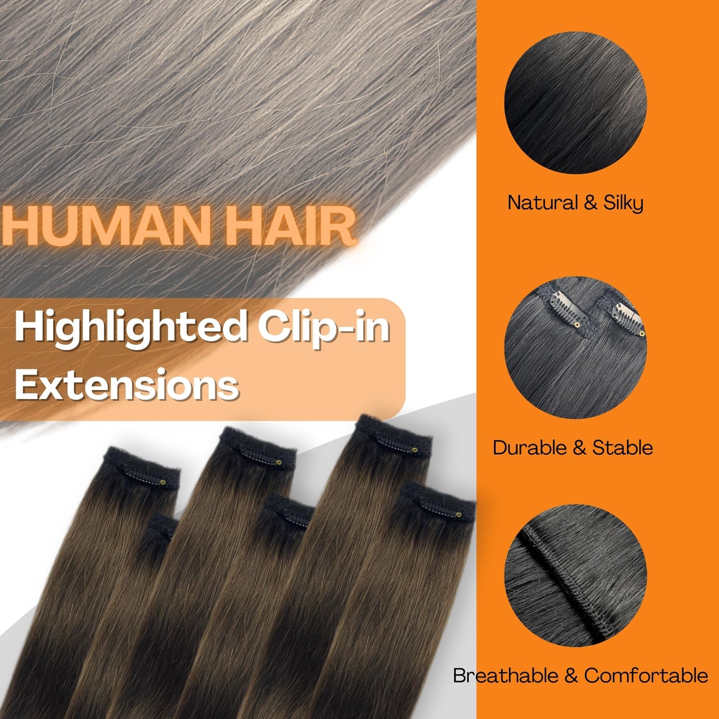 Human Hair Clip In Extensions, Single Clip Ins Short Hair Extensions, Remy Balayage Highlight Hairpieces for Women 6 Pcs 16 Inch 40g Dark Brown