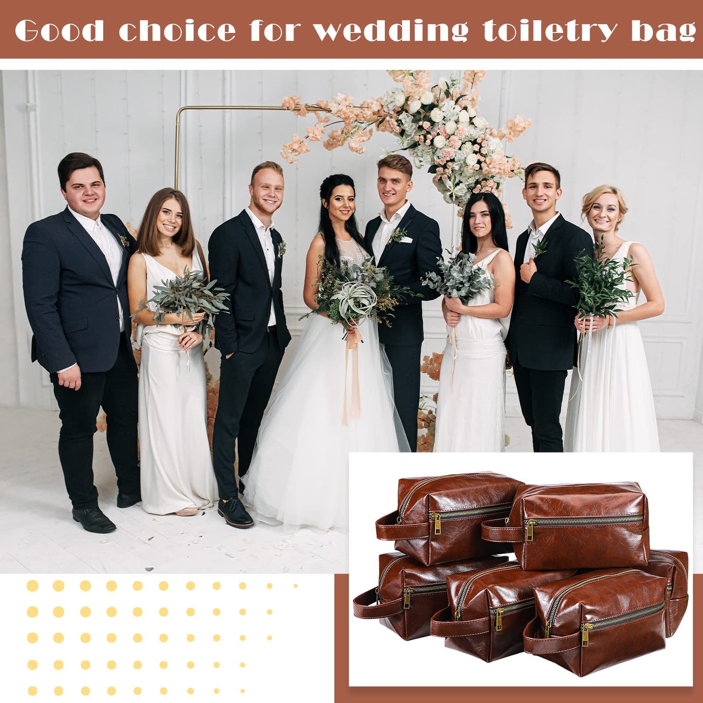 Hillban 6 Pcs Groomsmen Gift Men Travel Toiletry Bag, Bestmen Gifts Set, Leather Toiletry Bag with Side Handle Water Resistant Bathroom Supplies for Wedding Party Favor(Dark Brown)