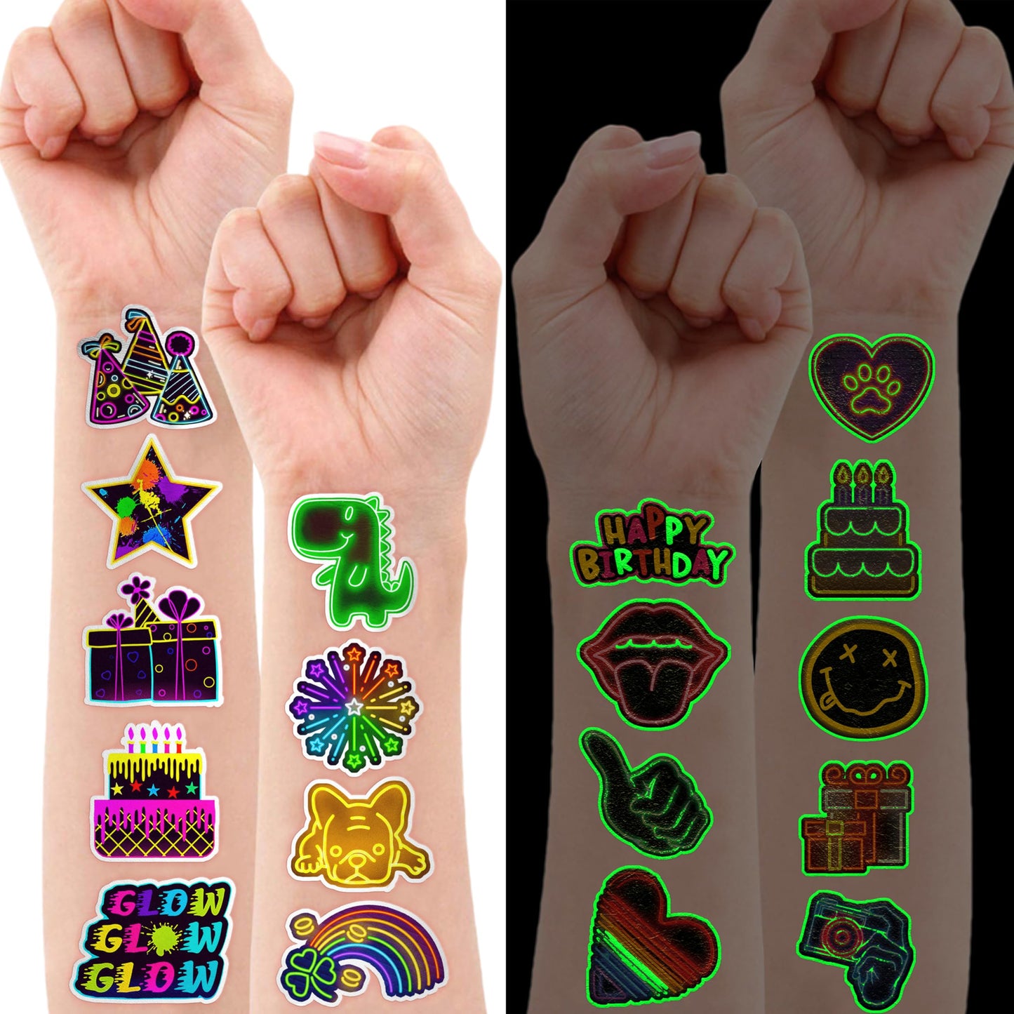 96 PCS Neon Luminous Glow in the Dark Temporary Tattoos - 8 Sheets