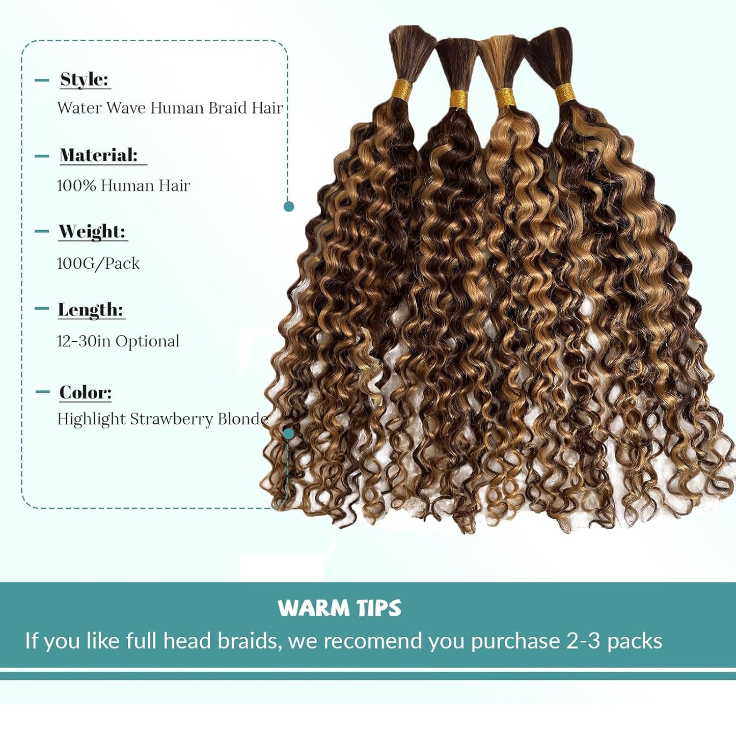 Human Braiding Hair - Deep Wave Ombre Curly Bulk Hair, 100g 2 Bundles | 14in P4/27 Highlight Brown for Boho Braids