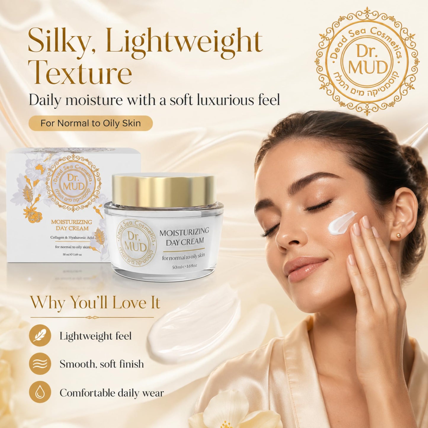 Dr.MUD Premium Moisturizing Day Cream for Normal to Oily Skin, Luxurious Dead Sea Mineral Face Moisturizer with Hyaluronic Acid, Collagen, Vitamin E, Green Tea and Aloe Vera, 50 ml