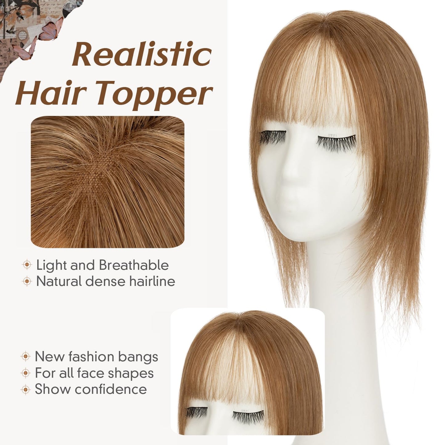 Rich Choices Hair Toppers for Women Real Human Hair 360°3D Clip in Bangs Remy Hairs Toppers With Bang Hairpieces for Women with Thinning Crown Wispy Clip in Topper 10 Inch With Bang-#6 Light Brown
