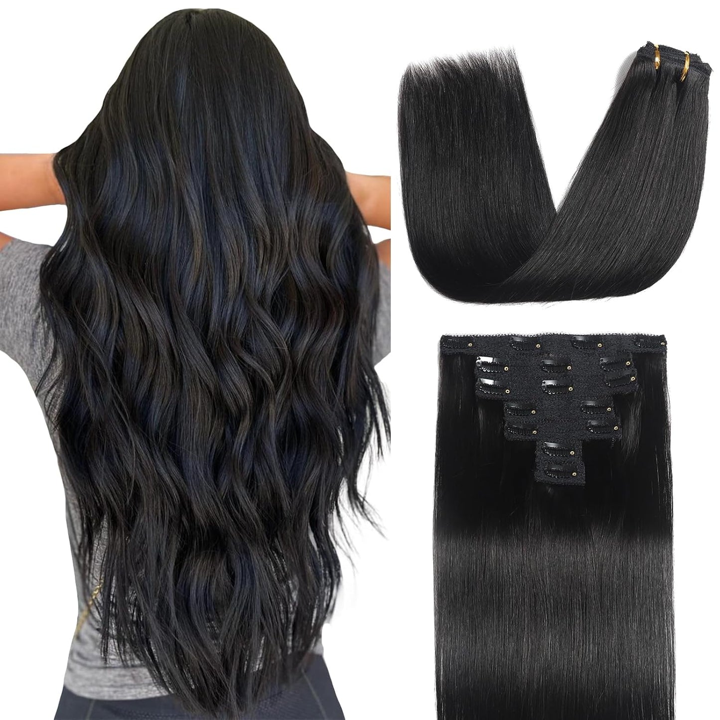 Real Human Hair Clip-In Extensions - 18 Inch, 70g Natural Straight for Black Women | 7 Pieces with 16 Clips
