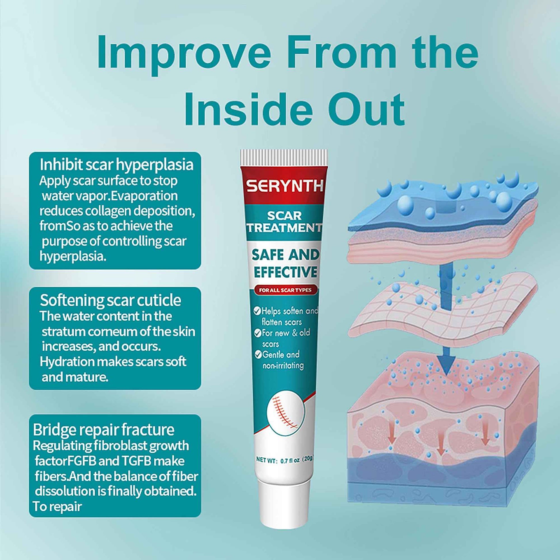 Silicone Scar Gel 20g, Effective Scar Cream - Reduces The Appearance of Both Old and New Scars from Burns, Injury, Acne, Stretch Marks, Keloid, C-Section