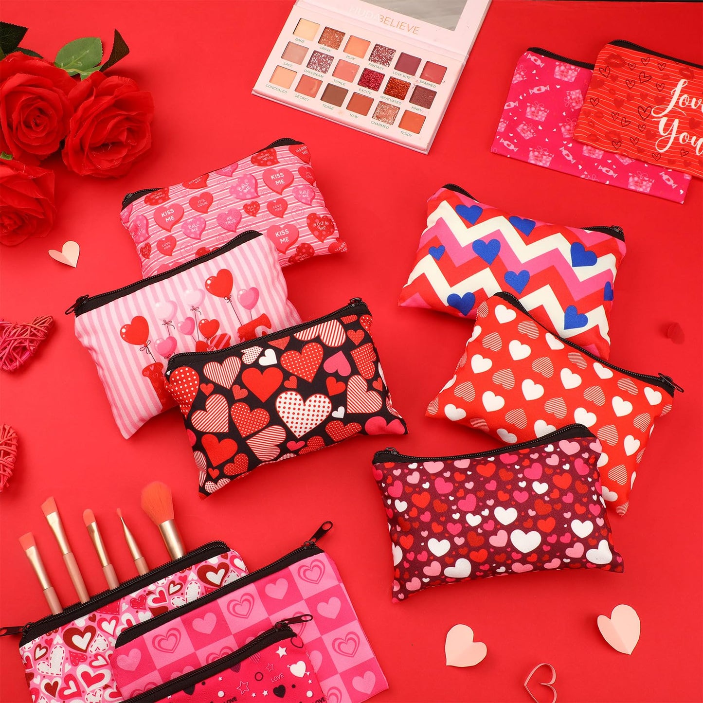 Abbylike 24 Pcs Valentines Day Gifts Bulk Valentines Makeup Bags for Women Cosmetic Bags Toiletry Zipper Pouch Valentine's Day Party Favors for Her(Stylish Style)