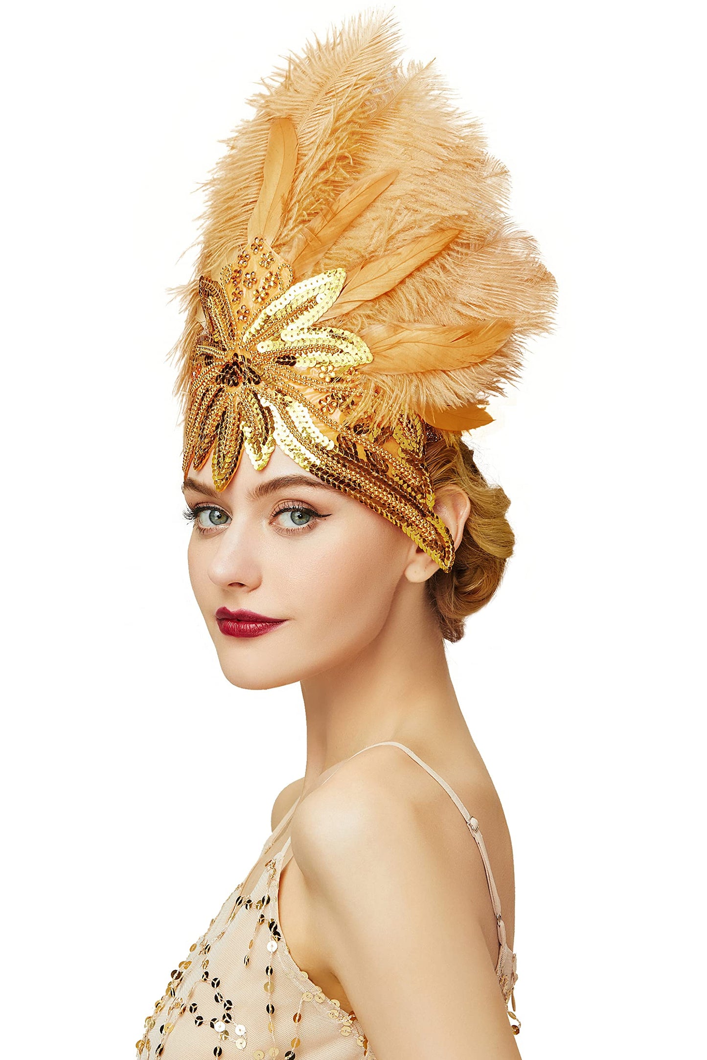 BABEYOND Carnival Feather Headpiece Showgirl Pageant Headband Women's 1920s Flapper Headband (Gold)